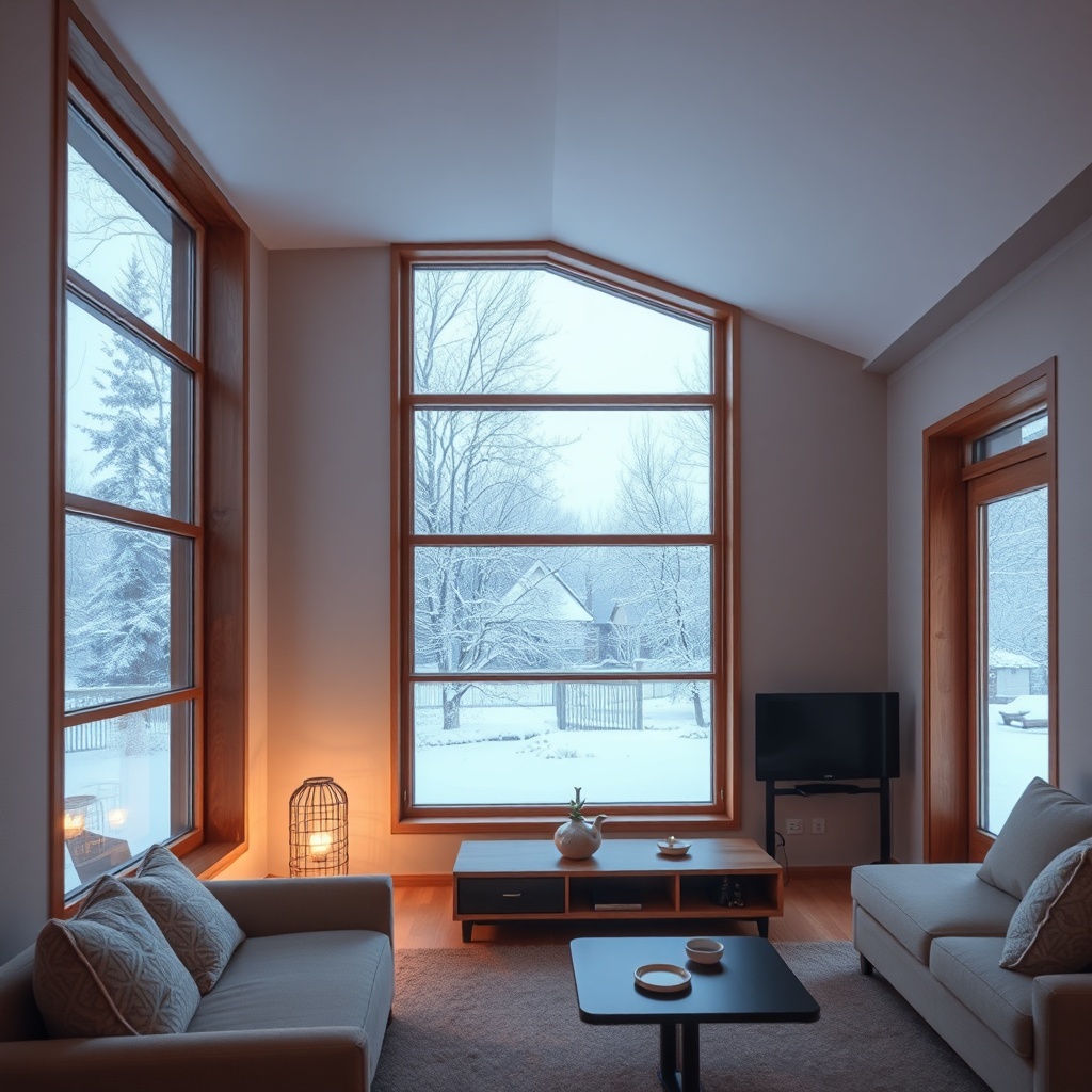 A photorealistic photo showing a modern living room with large wooden Egepen Deceuninck wi