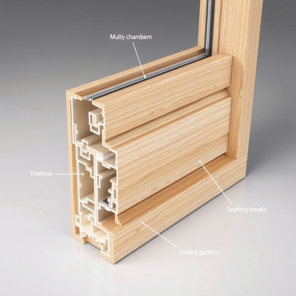 A photorealistic photo showing cross-section of an Egepen Deceuninck wooden window with vi