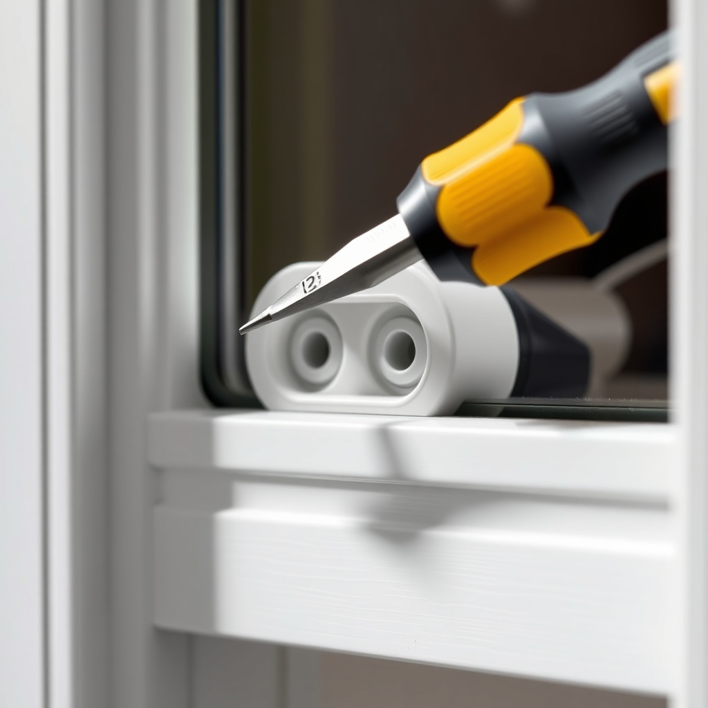 Close-up of a PVC window handle with a screwdriver loosening the screws