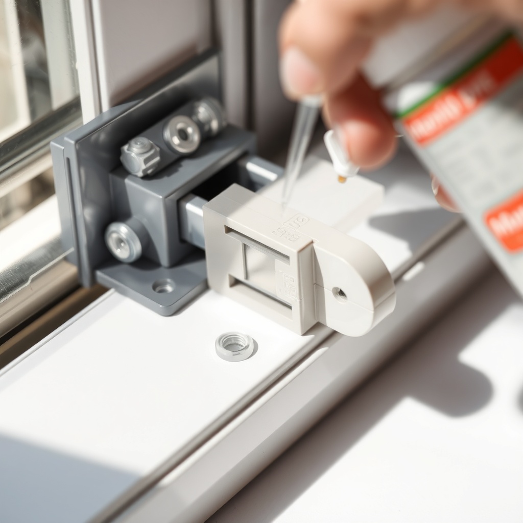 Close-up of PVC window hinge being sprayed with lubricant