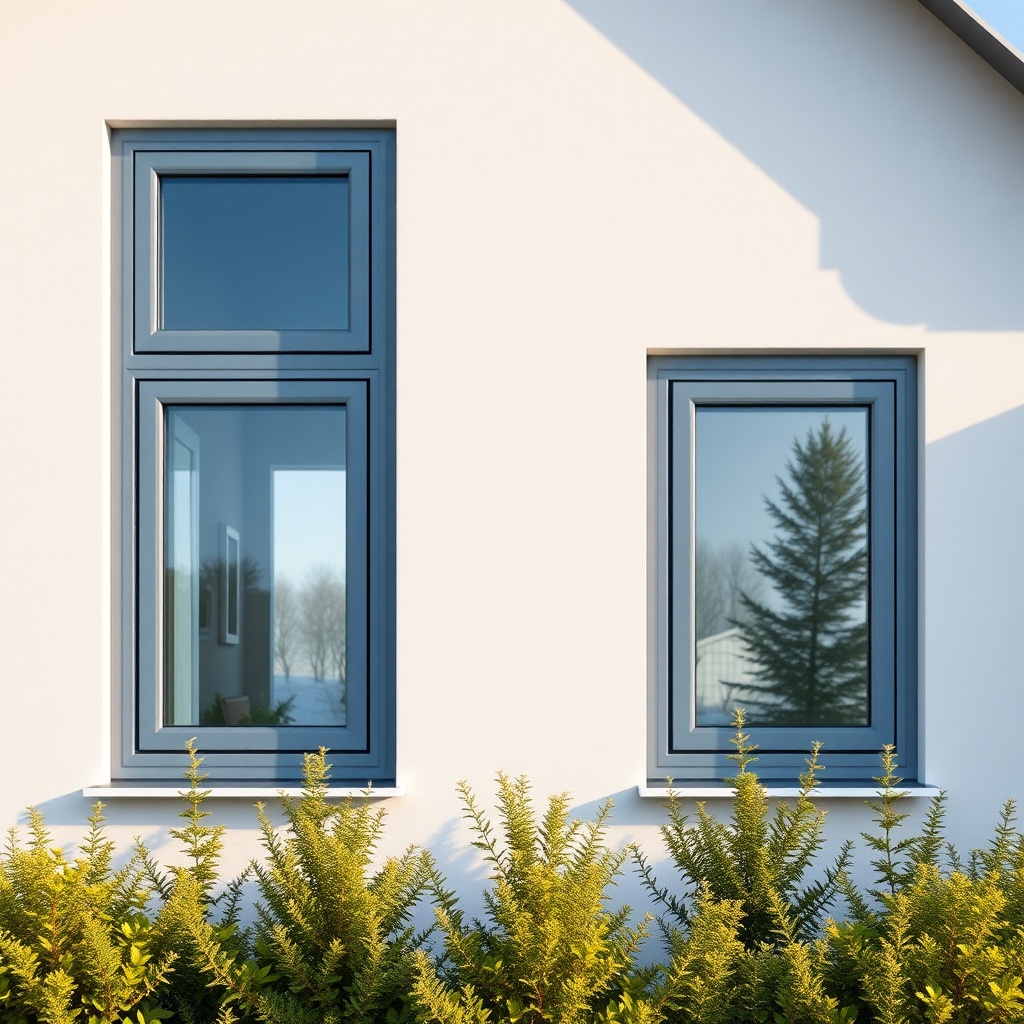 <clean photorealistic photo of a modern home with Egepen Deceuninck alüminyum windows