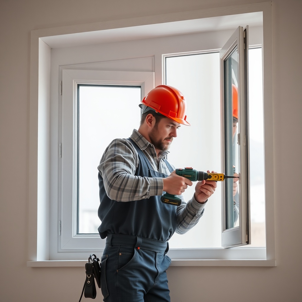 <clean photorealistic photo of a worker installing an Egepen Deceuninck alüminyum window f