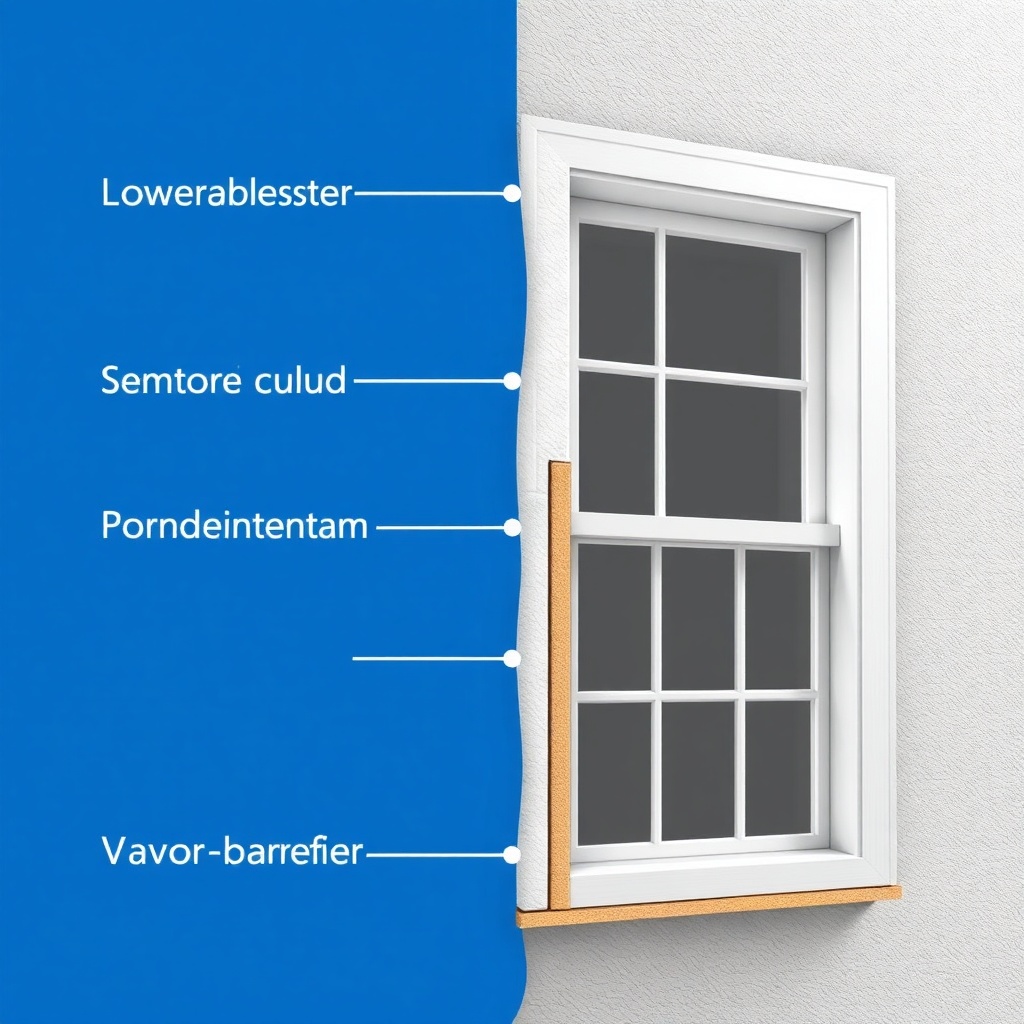A step-by-step photorealistic illustration showing a cross-section of a wall and window fr
