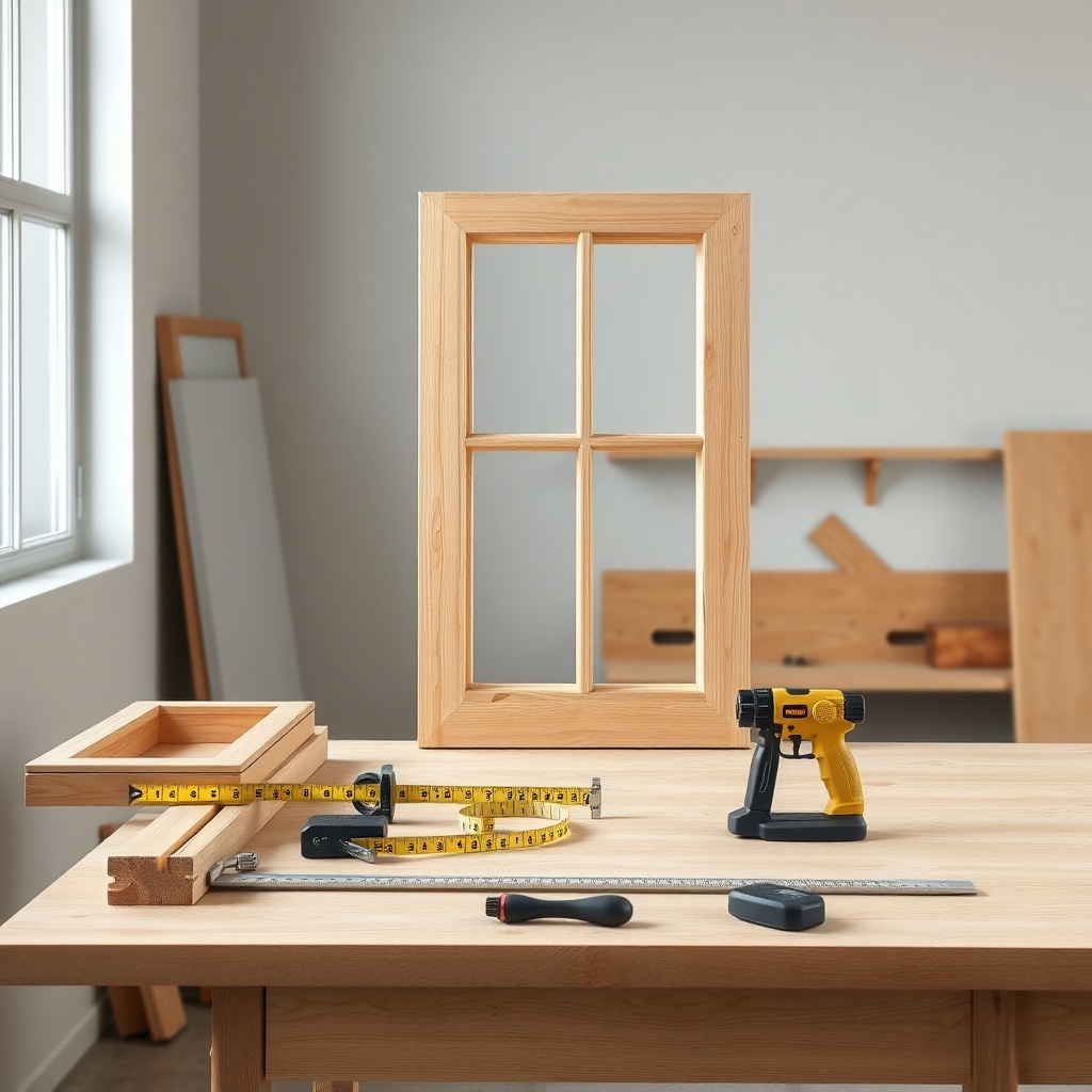 <clean photorealistic photo/illustration of a workshop table with Egepen Deceuninck wooden
