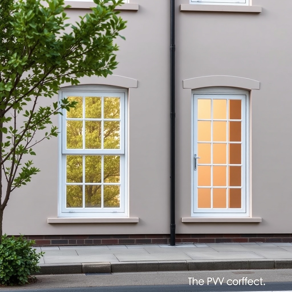 <Clean photorealistic photo of a quiet residential street with two different PVC windows i