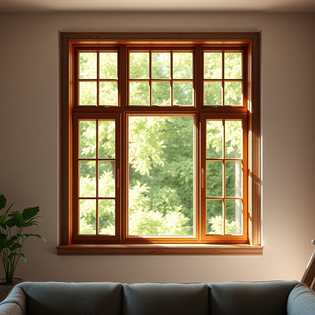 <clean photorealistic photo of a wooden window frame in a living room with natural light