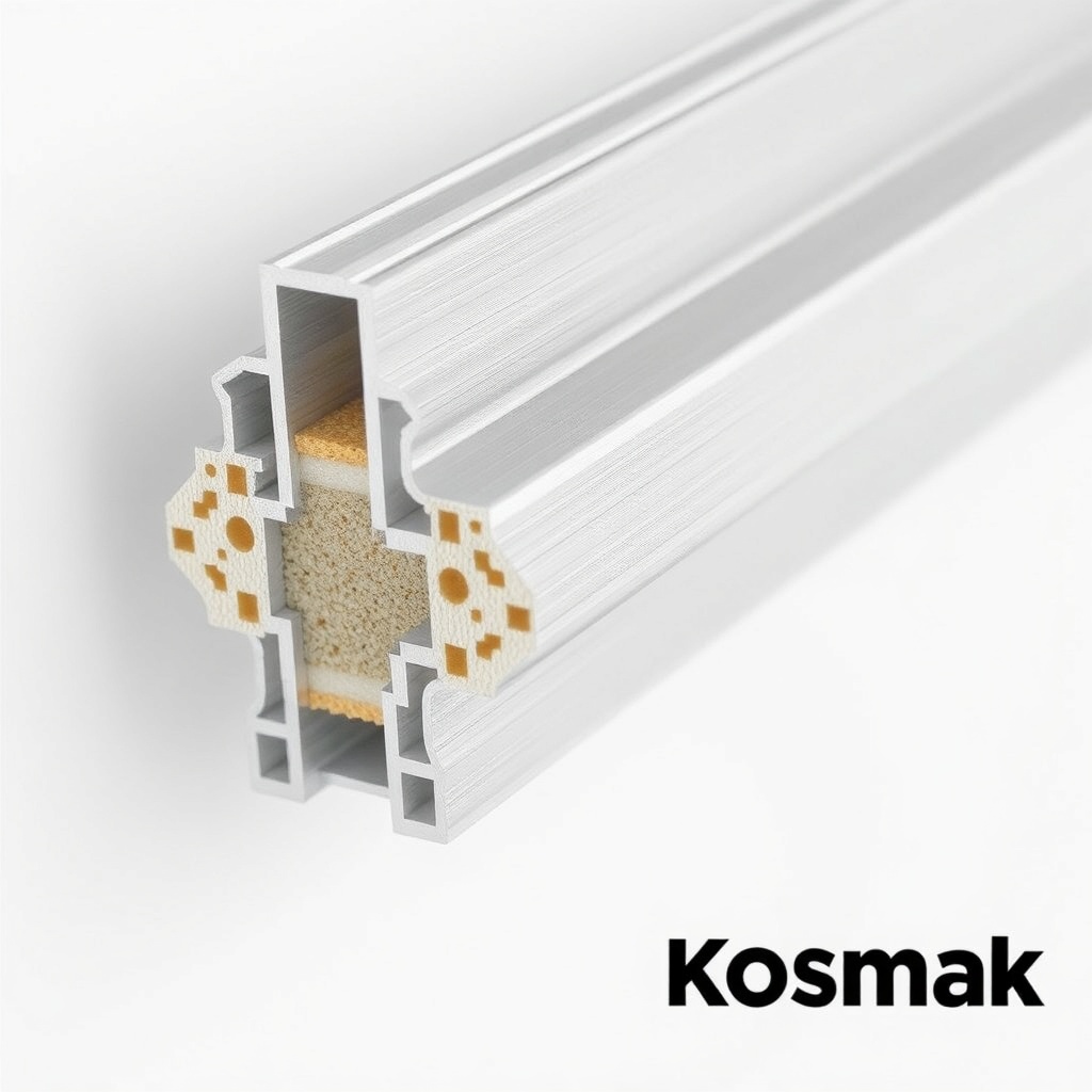 Close-up of Kösmak thermal break aluminum profile with insulation layers