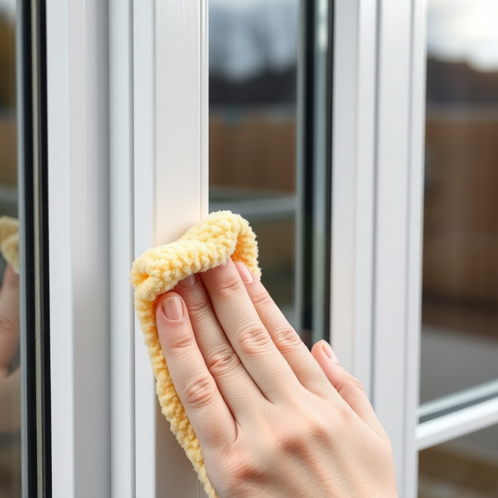 <clean photorealistic photo of Kösmak PVC window profile cleaning with soft cloth