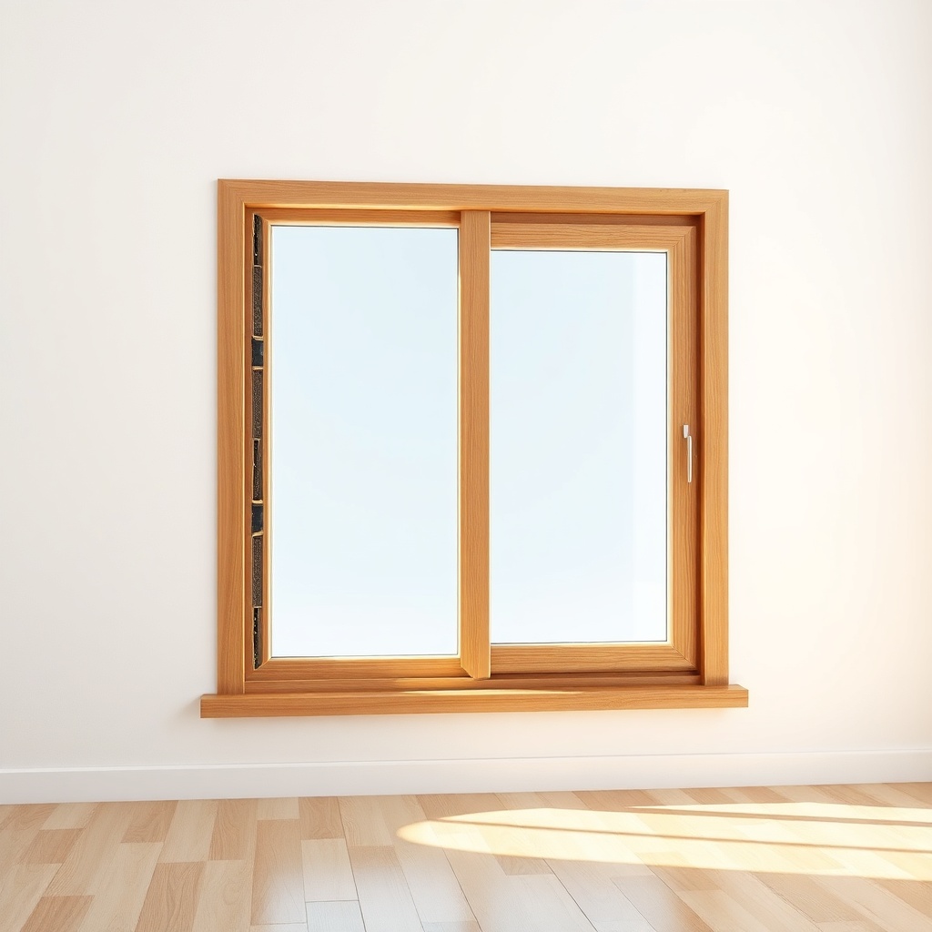 <Clean photorealistic photo of a wooden window with a cross-section showing multi-layer in