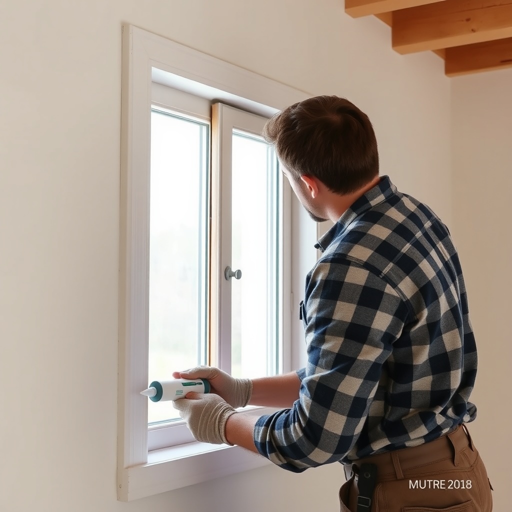 <Clean photorealistic photo of a professional installing a wooden window frame using foam