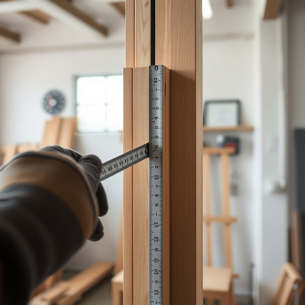 <A photorealistic close-up photo of a wooden window frame being measured with a metal tape