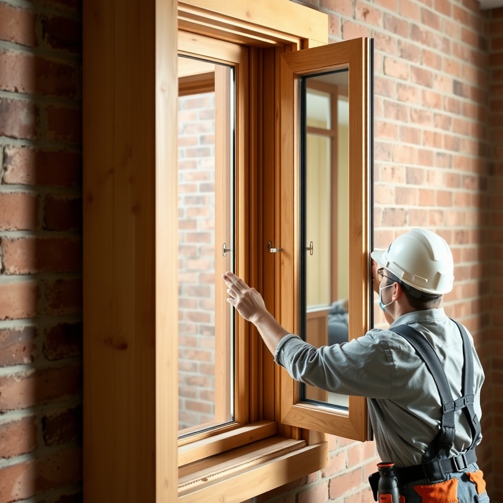 <A photorealistic photo of a wooden window being installed