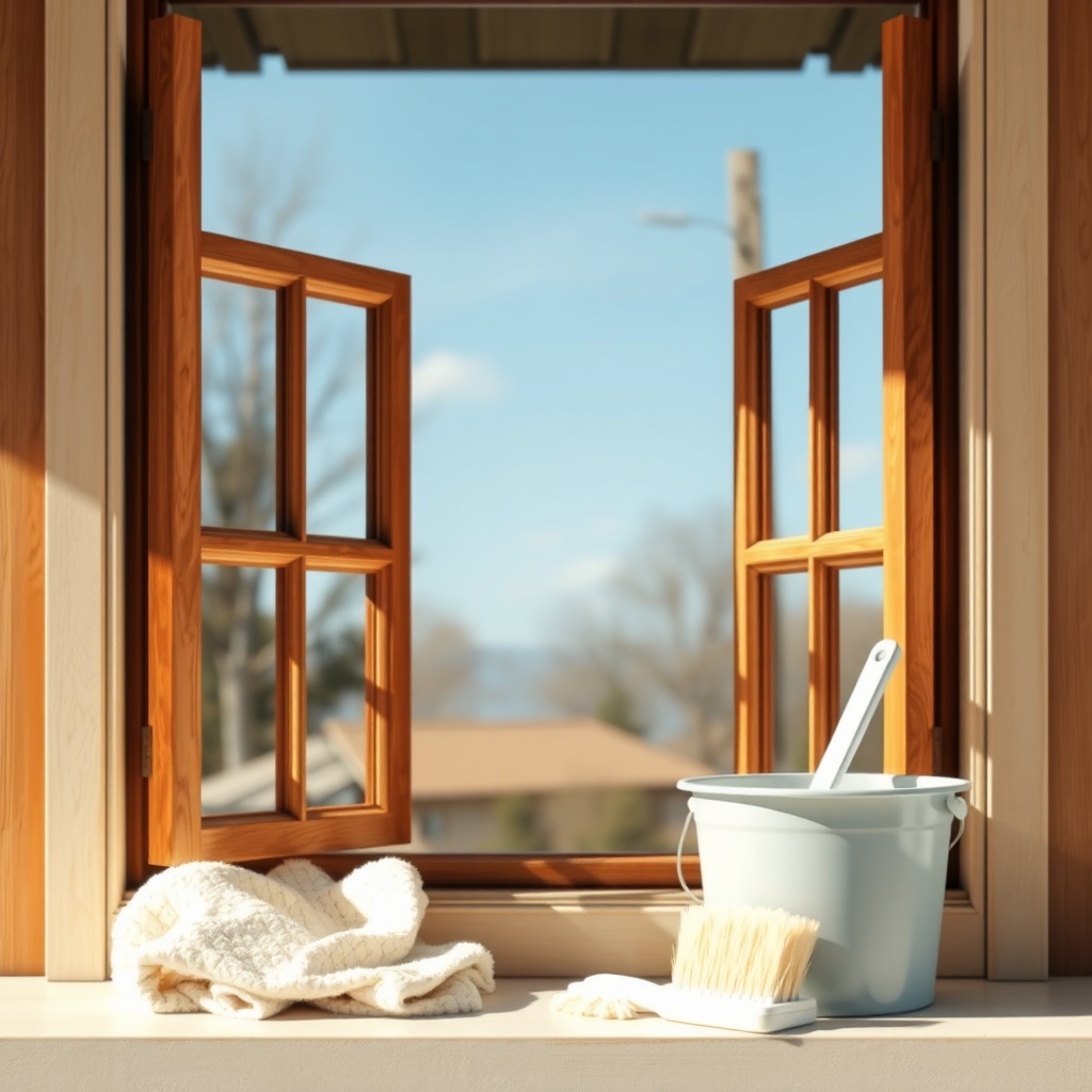 <clean photorealistic photo of a wooden window with a cleaning cloth