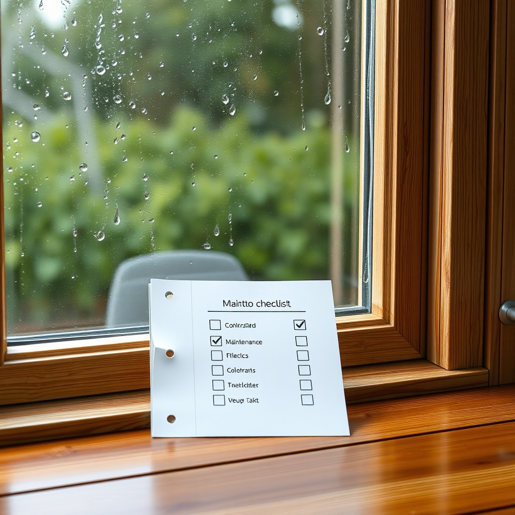 <clean photorealistic photo of a wooden window with water droplets and a maintenance check