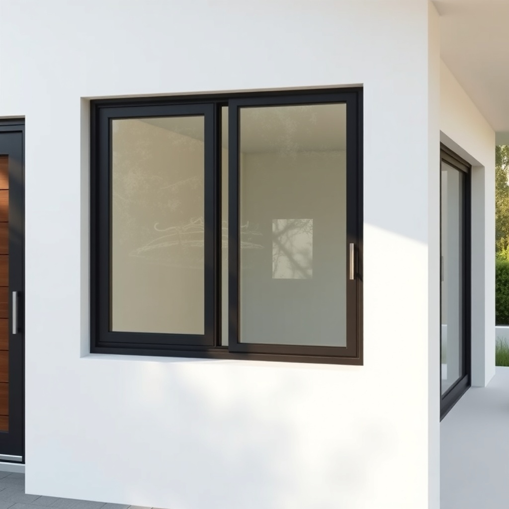 <clean photorealistic photo/illustration of a modern house with PencereUzmanim aluminum wi