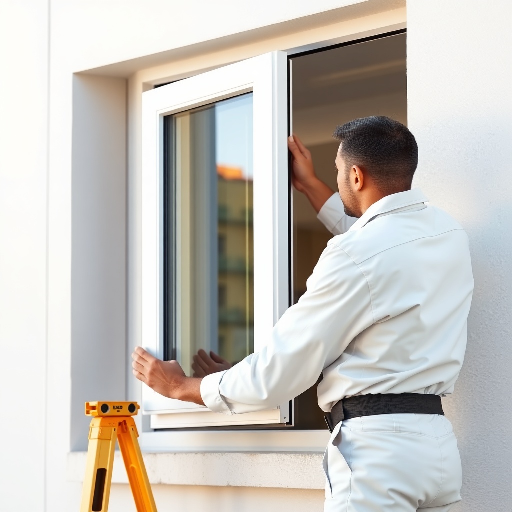<A clean photorealistic photo of a professional installer in a white uniform carefully mou