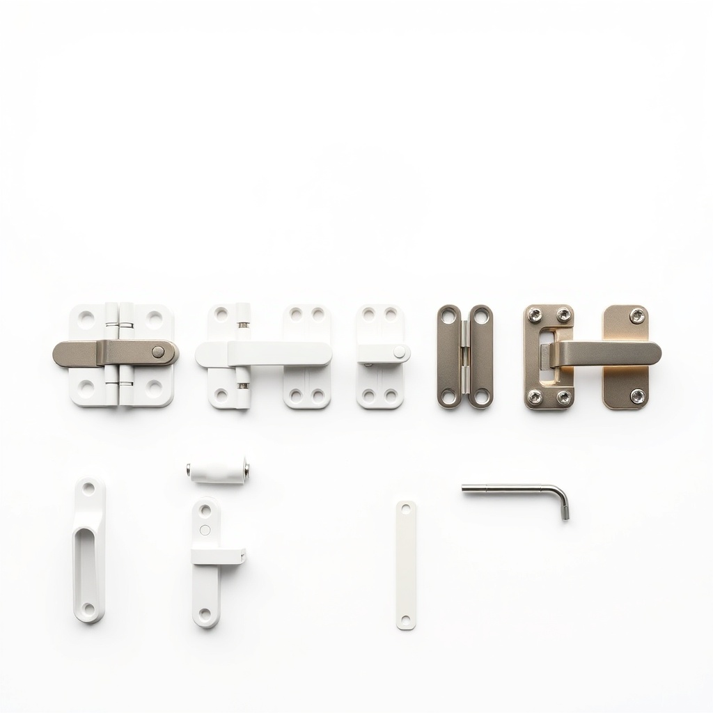 Clean photorealistic photo of PVC window components: a row of hinges