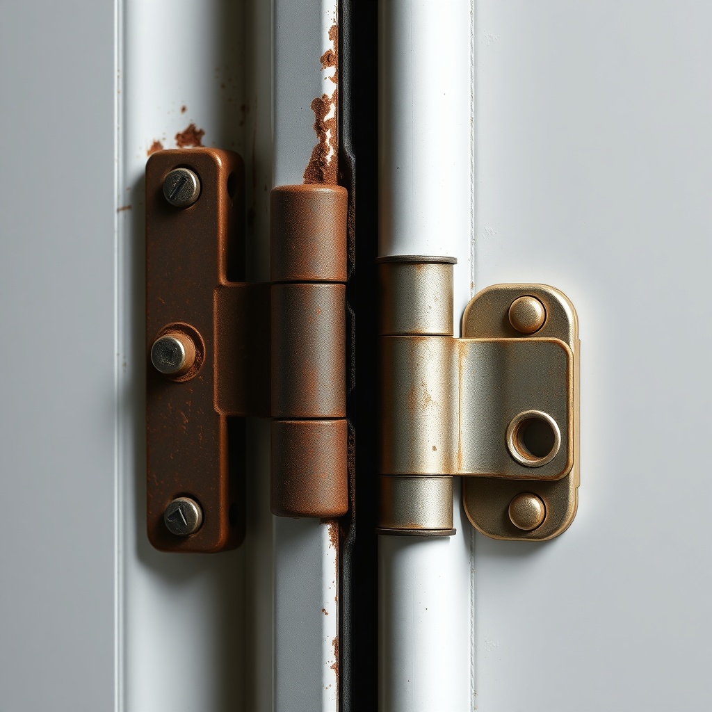Photorealistic image of a rusty window hinge compared to a well-maintained
