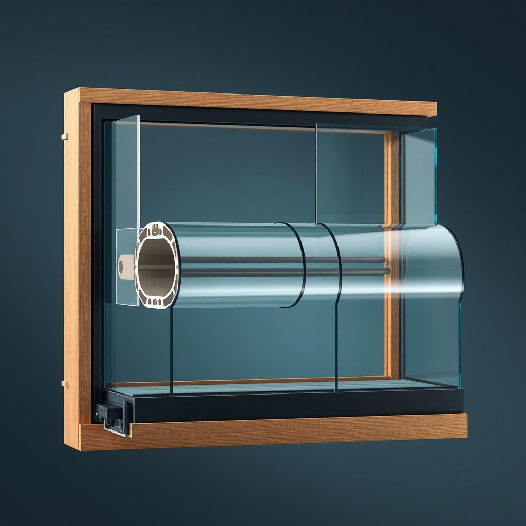 <Clean photorealistic photo of a cross-section of PencereUzmanim triple-glazed window show