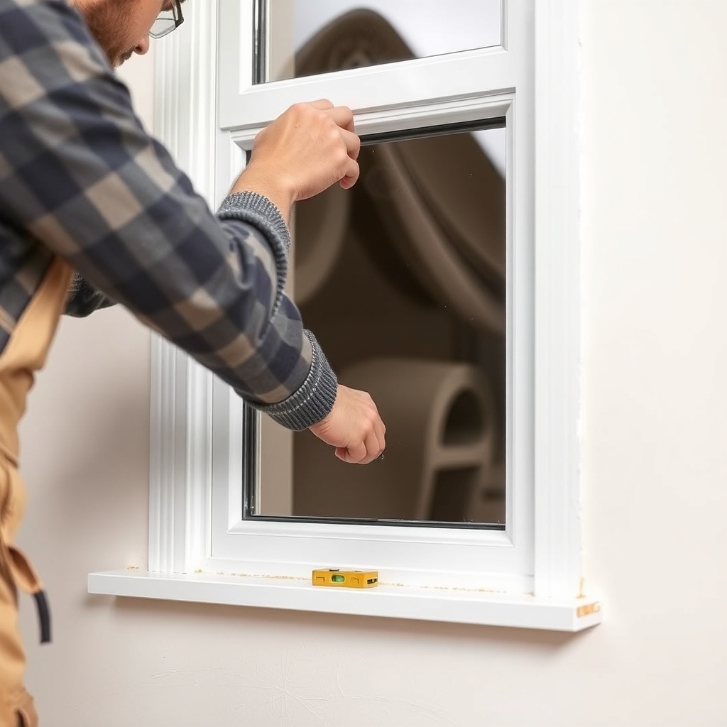 <clean photorealistic photo of a professional applying polyurethane foam around a PVC wind