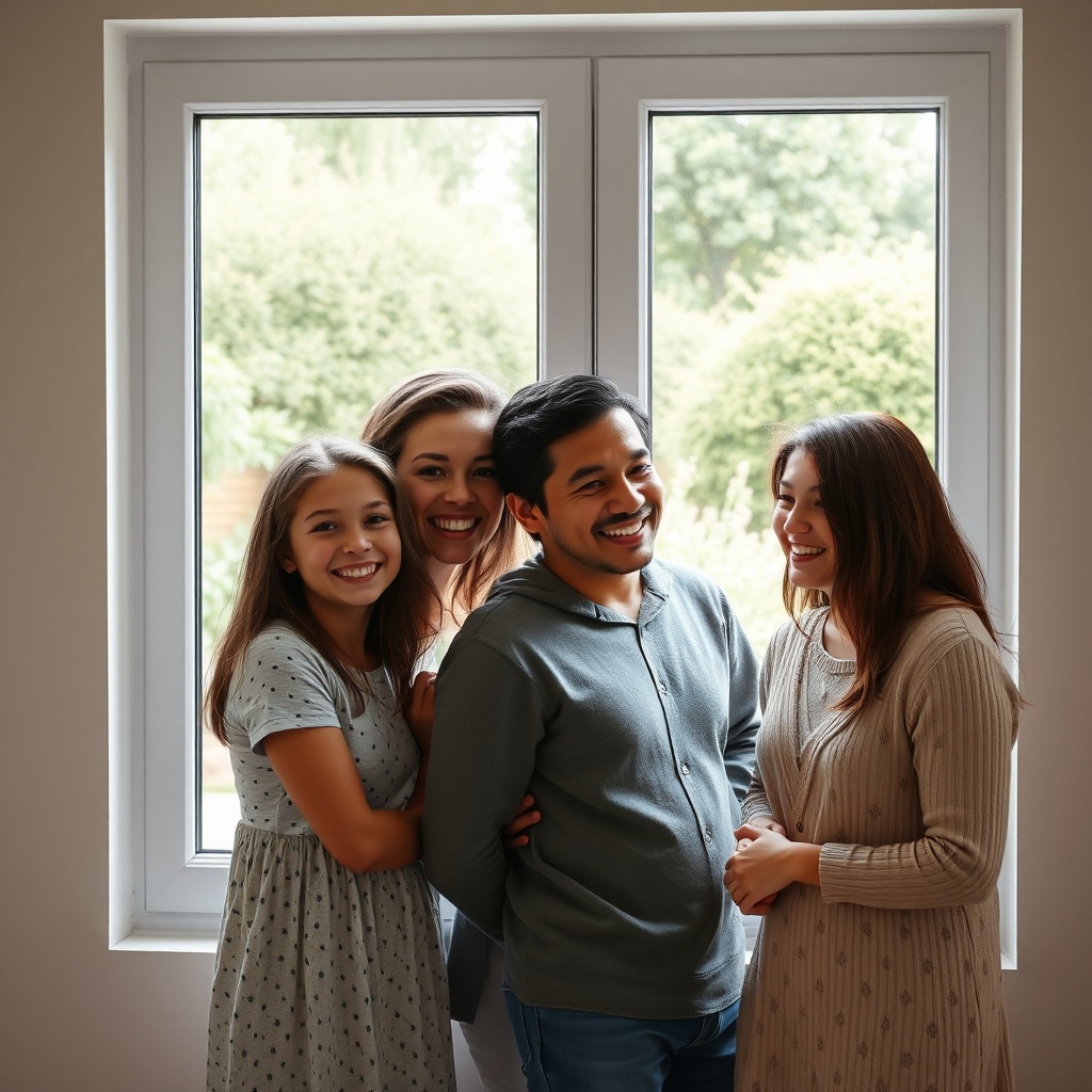 <clean photorealistic photo of a family smiling next to a PVC window with a view of a gard